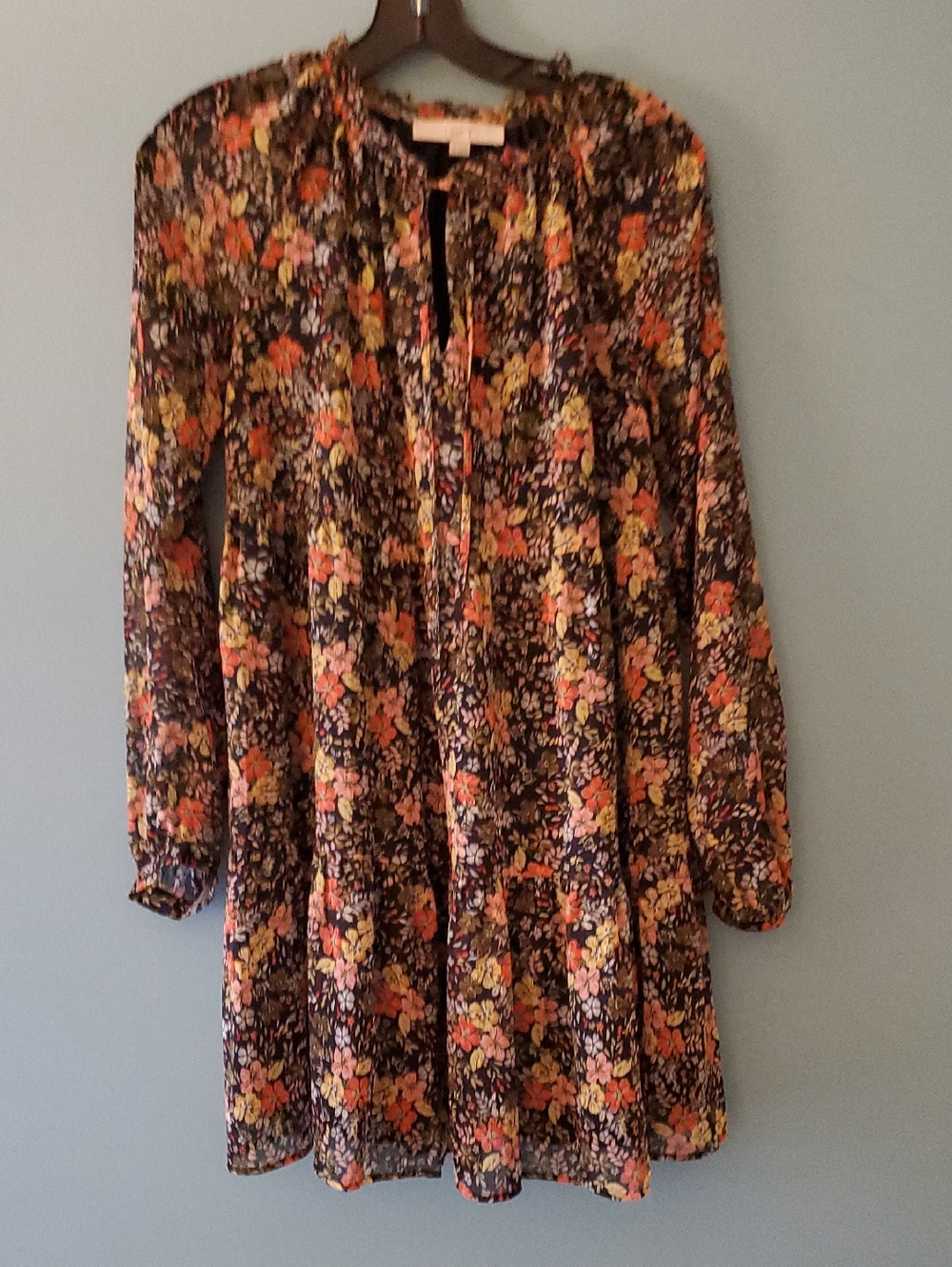 LOFT Navy Floral Tiered Long-Sleeve Tunic Dress with Orange & Yellow Blooms